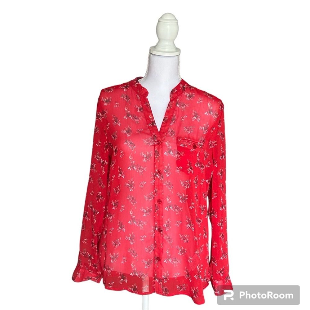 Kut from the Kloth Chiffon Floral Button Down Blouse-long, roll tab sleeves, M